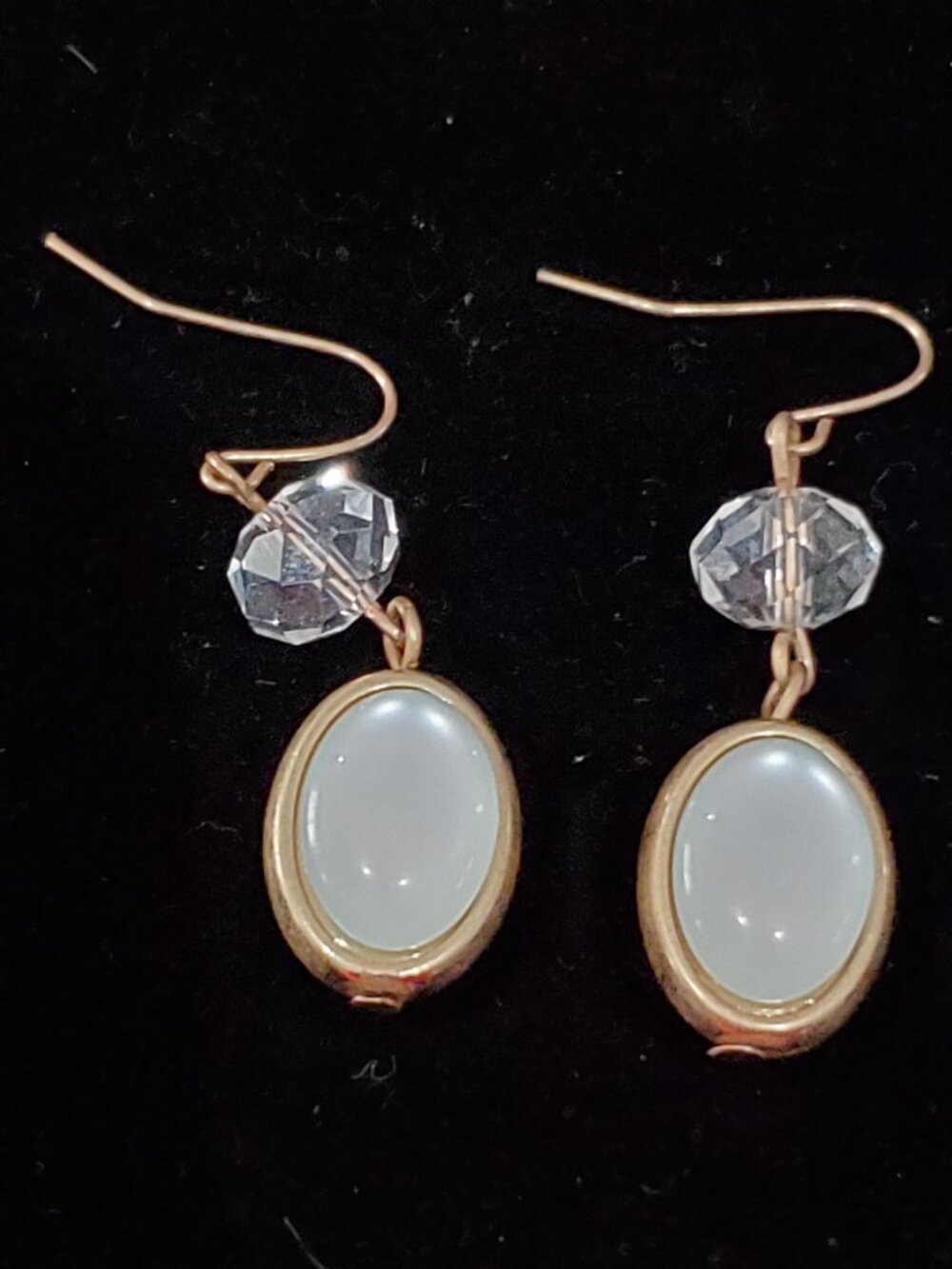 Gold Tone Dangle Drop Earrings White Stone with Clear Bead-Beautiful